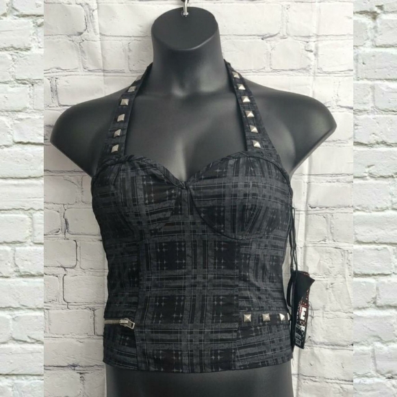 Rare Vintage DEADSTOCK Lip Service Grey Plaid Studded Corset Top - Picture 2 of 8